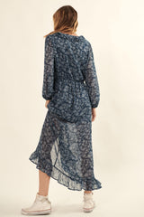 Indigo Floral Chiffon Ruffled Surplice Maxi Dress