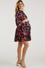 Navy Floral Ruffle Mock Neck Long Sleeve Maternity Dress