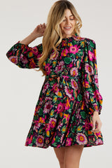 Navy Floral Ruffle Mock Neck Long Sleeve Maternity Dress