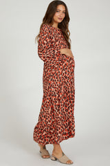 Rust Printed Long Sleeve Tiered Maternity Dress