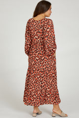 Rust Printed Long Sleeve Tiered Maternity Dress