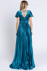 Teal Short Sleeve Pleated Tie Back Maxi Dress