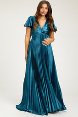 Teal Short Sleeve Pleated Tie Back Maternity Maxi Dress