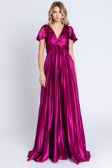 Magenta Short Sleeve Pleated Tie Back Maternity Maxi Dress