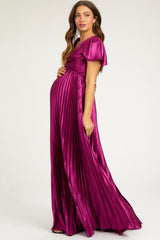 Magenta Short Sleeve Pleated Tie Back Maternity Maxi Dress