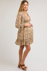 Taupe Floral Smocked Long Sleeve Maternity Dress