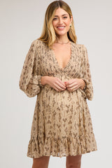 Taupe Floral Smocked Long Sleeve Maternity Dress