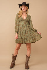 Olive Floral Smocked Long Sleeve Dress