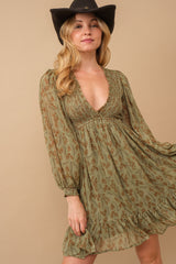 Olive Floral Smocked Long Sleeve Dress