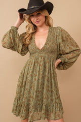 Olive Floral Smocked Long Sleeve Dress