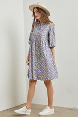 Light Blue Floral Button Front 3/4 Sleeve Dress