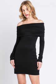 Black Foldover Off Shoulder Long Sleeve Dress