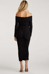 Black Off Shoulder Mesh Ruched Maternity Midi Dress