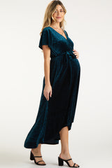 Dark Teal Velvet Wrap Front V-Neck Hi-Low Maternity Midi Dress