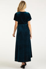 Dark Teal Velvet Wrap Front V-Neck Hi-Low Maternity Midi Dress