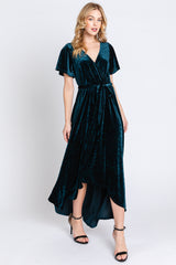 Dark Teal Velvet Wrap Front V-Neck Hi-Low Maternity Midi Dress