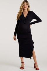 Black Ruffle Ruched Long Sleeve Maternity Maxi Dress