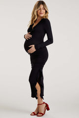 Black Ruffle Ruched Long Sleeve Maternity Maxi Dress