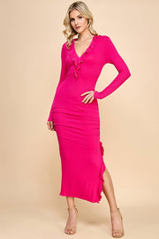 Fuchsia Ruffle Ruched Long Sleeve Maxi Dress