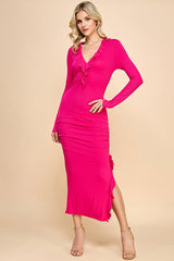 Fuchsia Ruffle Ruched Long Sleeve Maternity Maxi Dress