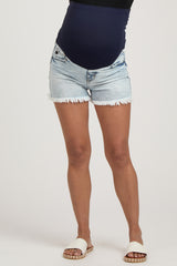 Light Blue Acid Wash Fringe Maternity Jean Shorts