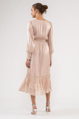 Champagne Surplice Belted Long Sleeve Midi Dress