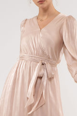 Champagne Surplice Belted Long Sleeve Midi Dress