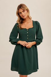 Hunter Green Square Neckline Ruffle Trim Babydoll Dress