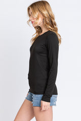 Black Waffle Knit Basic Long Sleeve Top