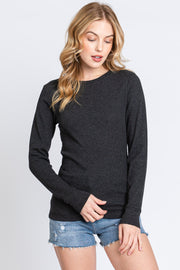 Charcoal Waffle Knit Basic Long Sleeve Top