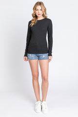 Charcoal Waffle Knit Basic Long Sleeve Top