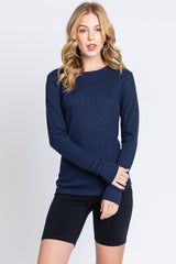 Navy Waffle Knit Basic Long Sleeve Top