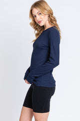 Navy Waffle Knit Basic Long Sleeve Top