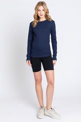 Navy Waffle Knit Basic Long Sleeve Top