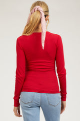 Red Waffle Knit Basic Long Sleeve Maternity Top