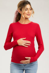 Red Waffle Knit Basic Long Sleeve Maternity Top