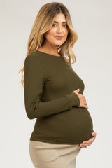 Olive Waffle Knit Basic Long Sleeve Maternity Top