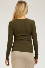 Olive Waffle Knit Basic Long Sleeve Maternity Top