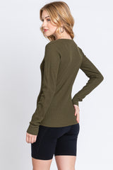 Olive Waffle Knit Basic Long Sleeve Top