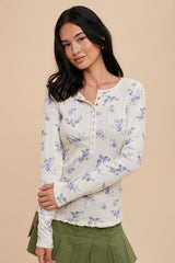 Light Blue Floral Long Sleeve Henley Top