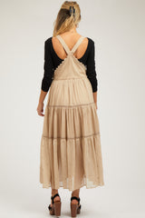 Beige Overall Crochet Lace Tiered Maternity Dress