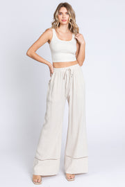 Beige Linen Wide Leg Lace Trim Pants