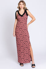 Mauve Ribbed Polka Dot Shoulder Tie Maternity Maxi Dress