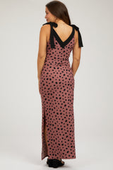 Mauve Ribbed Polka Dot Shoulder Tie Maternity Maxi Dress