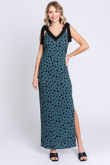 Teal Ribbed Polka Dot Shoulder Tie Maxi Dress