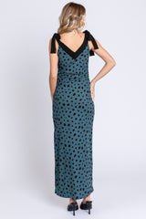 Teal Ribbed Polka Dot Shoulder Tie Maxi Dress