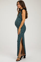 Teal Ribbed Polka Dot Shoulder Tie Maternity Maxi Dress