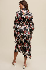 Black Floral Print Long Seeve Satin Wrap Midi Dress