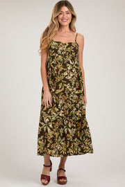 Brown Floral Sleeveless Front Cinched Maternity Midi Dress