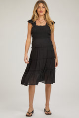 Black Sleeveless Smocked Tiered Maternity Midi Dress